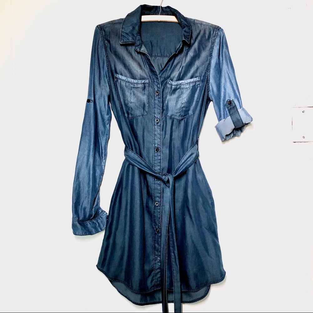 Denim-style belted navy blue dress